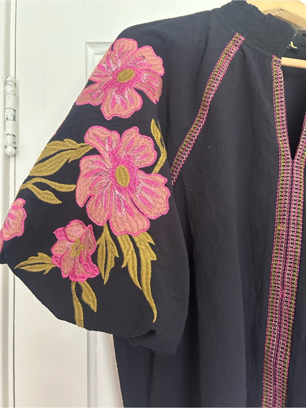 THML Black Blouse with Pink Floral Embroidered Sleeves - Picture 3 of 7